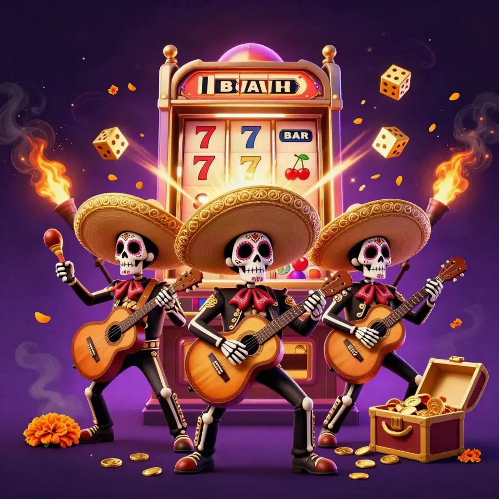 Skeleton mariachi trio with slot-machine burst, gold coins, purple glow, and jackpot energy