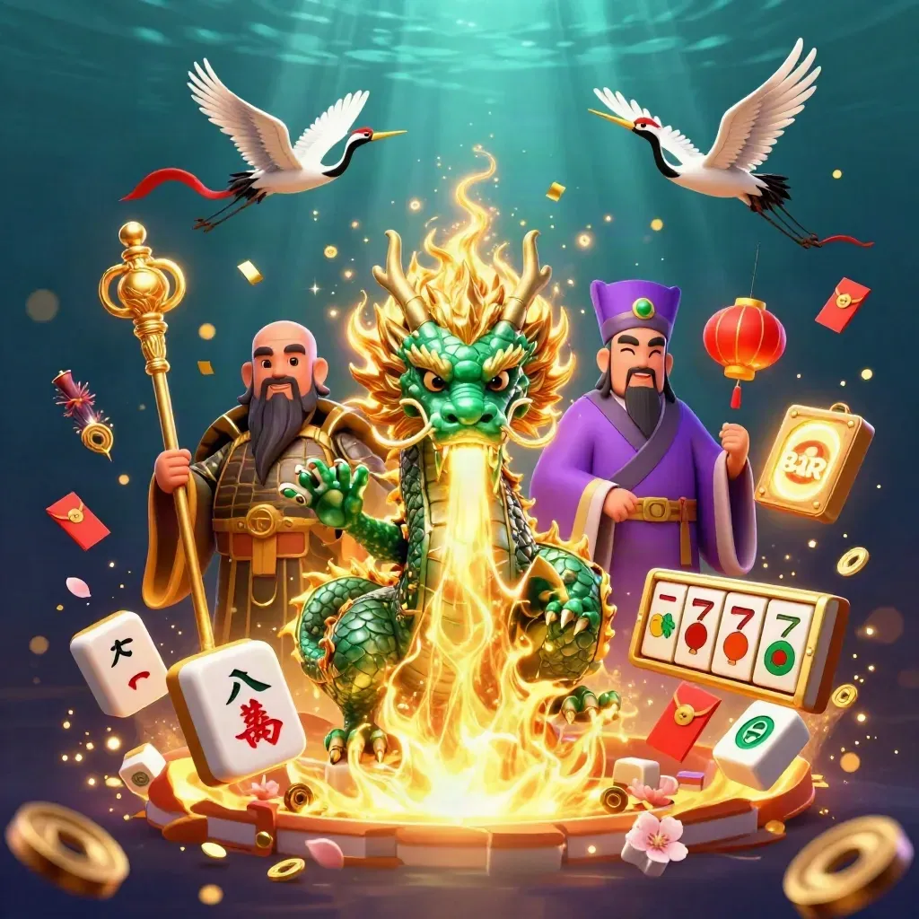 Emerald jade dragon, turtle sage, and cranes amid gold fire and casino treasures.