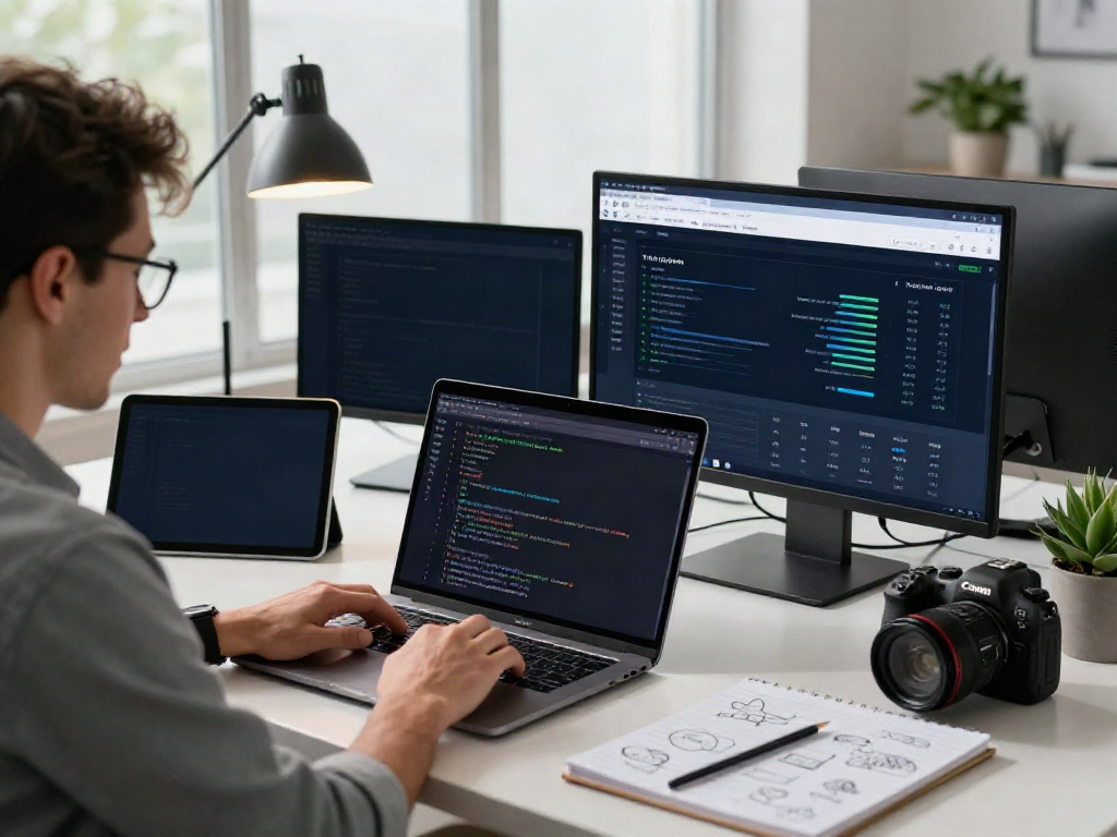 Illustration of instant indexing in a modern digital workspace with a focused software engineer coding.