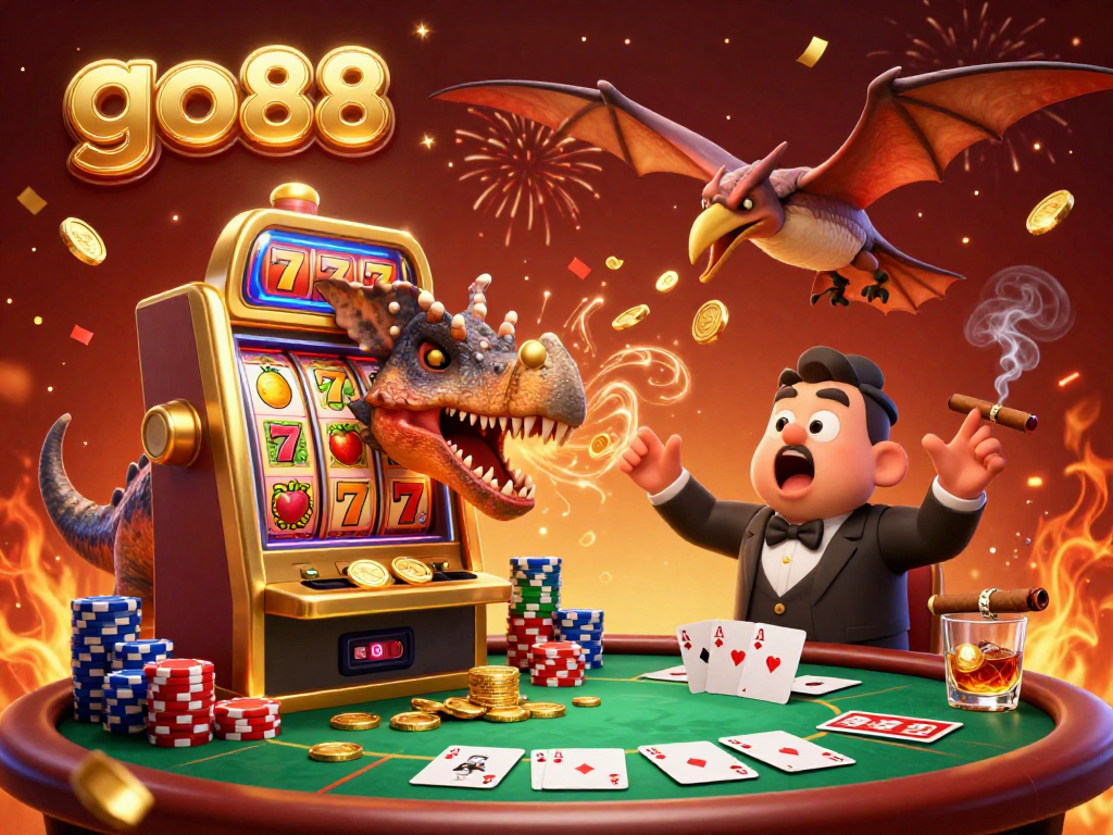 Experience go88's thrilling jackpot scene with dinosaurs and a colorful casino backdrop.