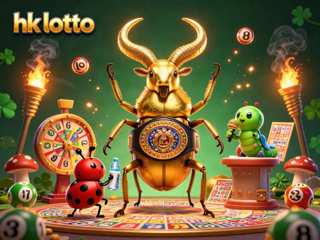 Experience the thrill of hk lotto with a vibrant 3D illustration of a boxing beetle and playful characters.
