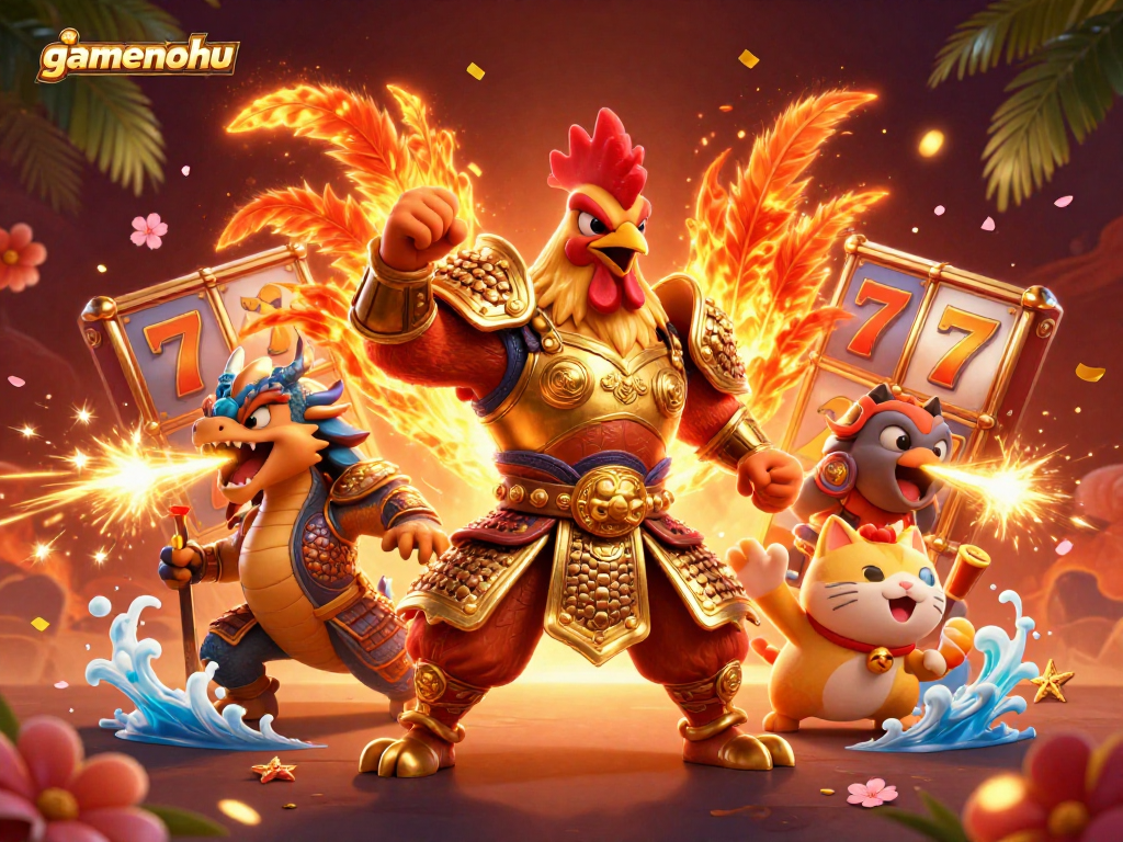 Join the thrilling action of gamenohu with a dynamic scene of a fighting rooster and dragon in a vibrant casino setting.