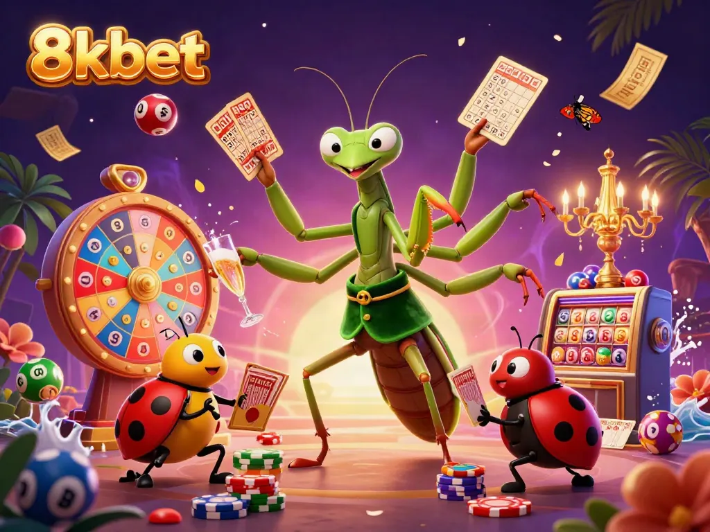 Experience thrilling gaming with 8xbet surrounded by vibrant lottery elements and energetic characters.