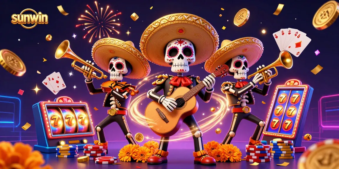 Experience the excitement of sunwin as vivid Day of the Dead mariachi skeletons celebrate with cascading coins and slot machines.
