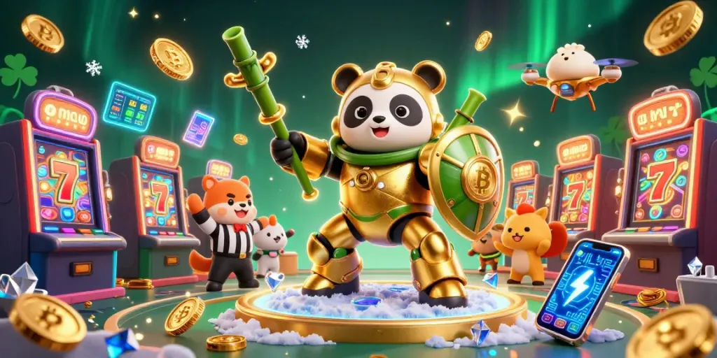 Engage with sunwinw's thrilling casino scene featuring a mech-suit panda among slot machines and crypto coins.