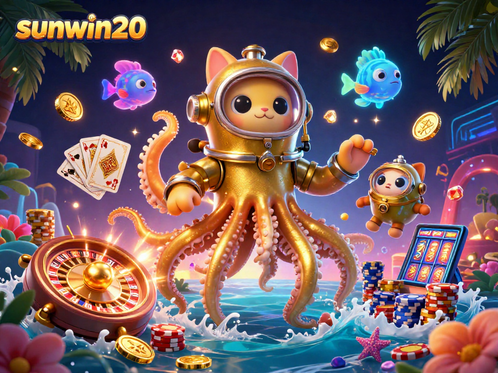 Join sunwin20 for thrilling casino action amidst a vibrant scene of a kraken and diving cat.
