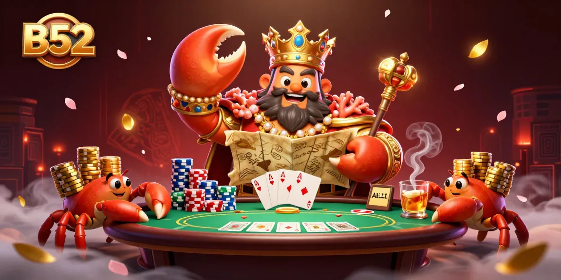 B52 brings vibrant energy to a colossal gambling scene with crab emperor and poker elements.