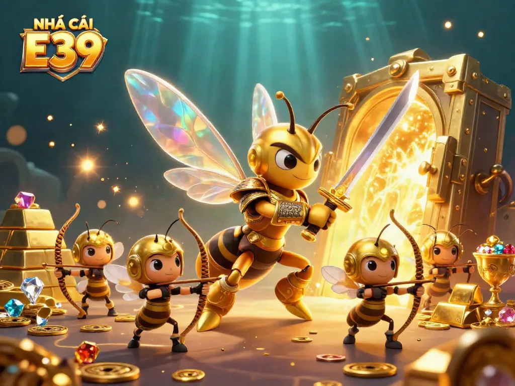 Engage with NHÀ CÁI E39 in an immersive gaming adventure complete with a golden hornet warrior and treasure.