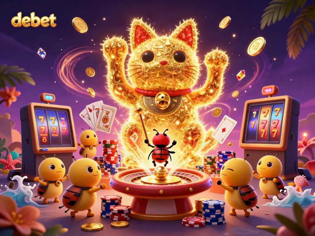 Engage with debet's thrilling casino experience through a vibrant illustration filled with lucky symbols.