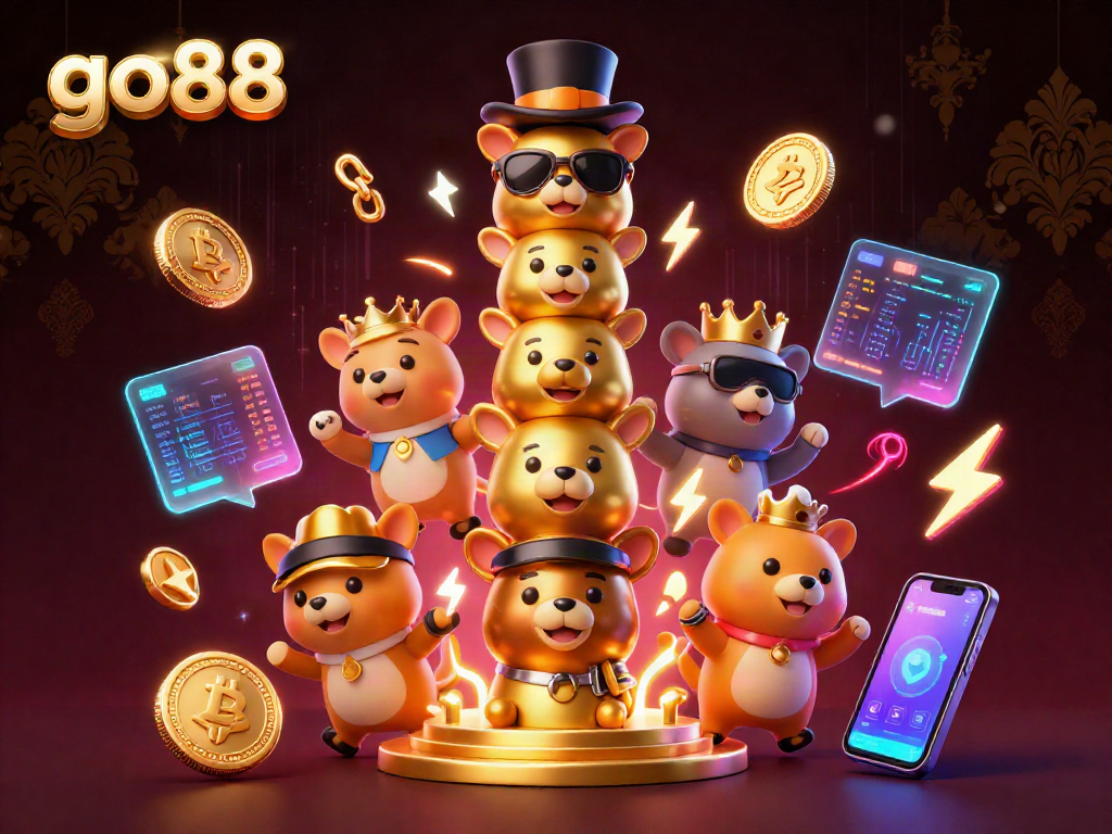 Join the fun with go88 in this vibrant gaming scene, showcasing colorful casino elements and crypto coins.