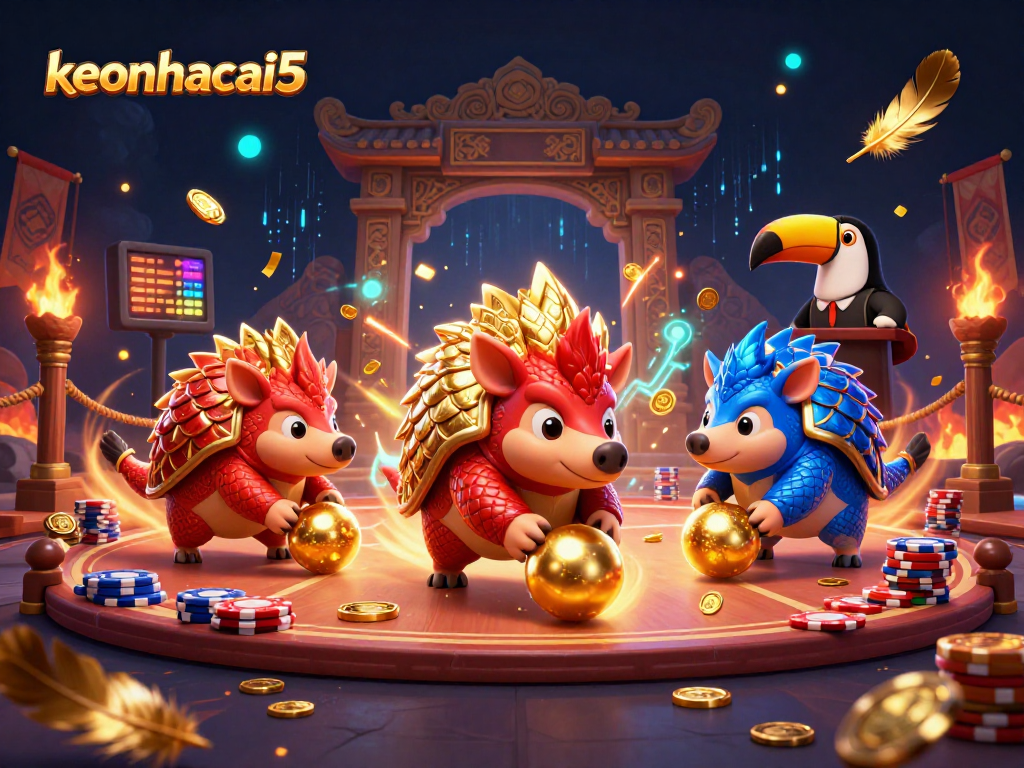 Engage with keonhacai5 in a vibrant 3D casino scene featuring dynamic pangolin characters and poker elements.