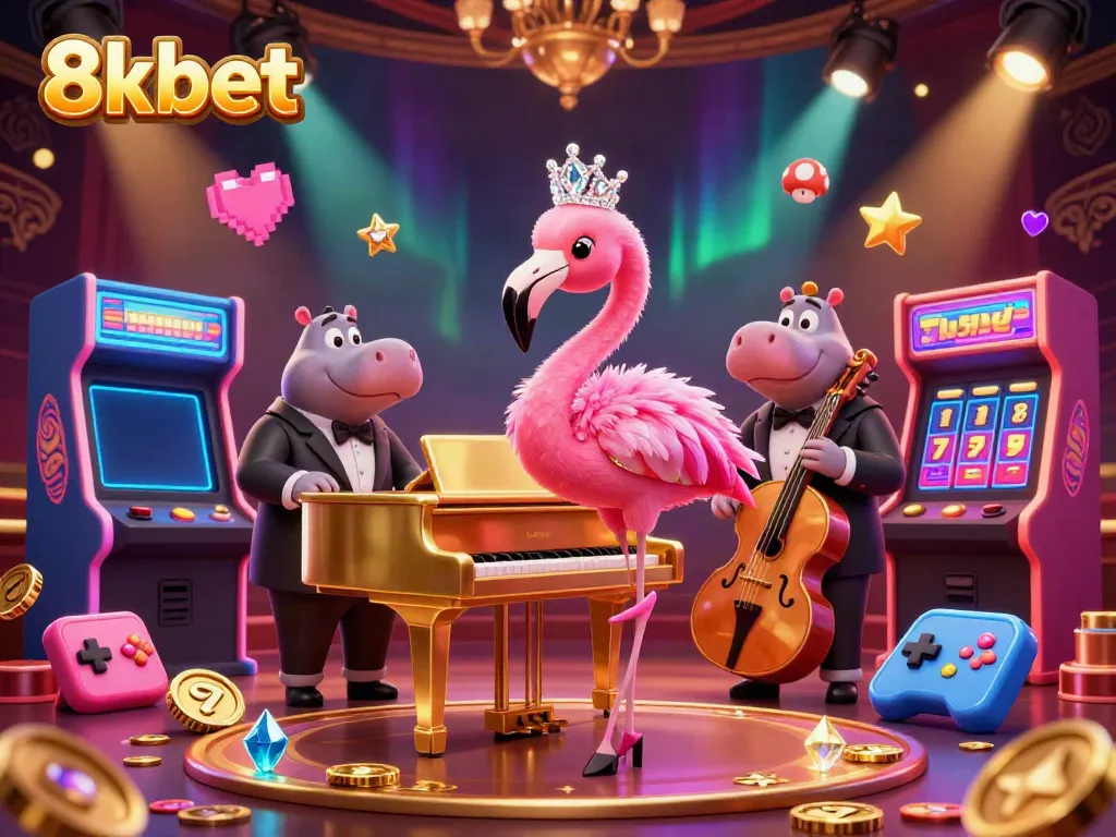 Experience the excitement of 8xbet with vibrant casino characters, slot elements, and a lively atmosphere.