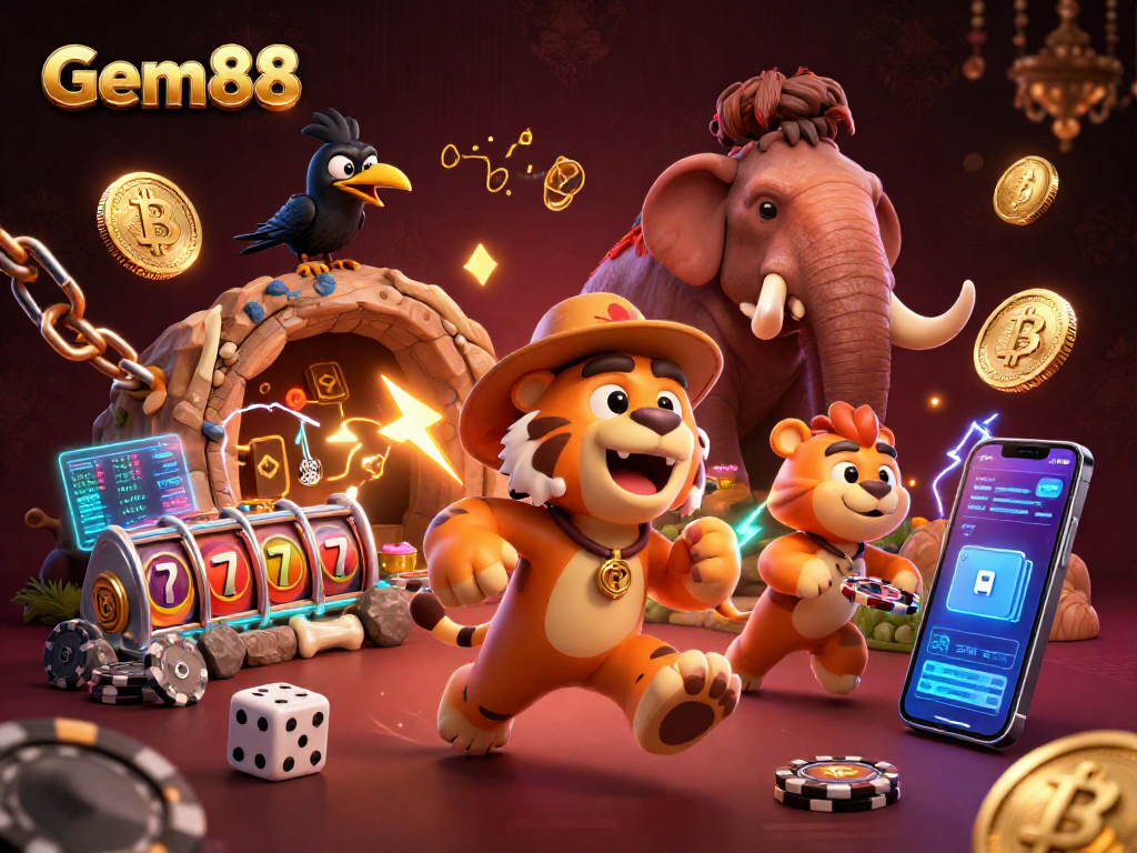 Experience the thrill of Gem88 with a dynamic 3D casino scene featuring prehistoric characters.