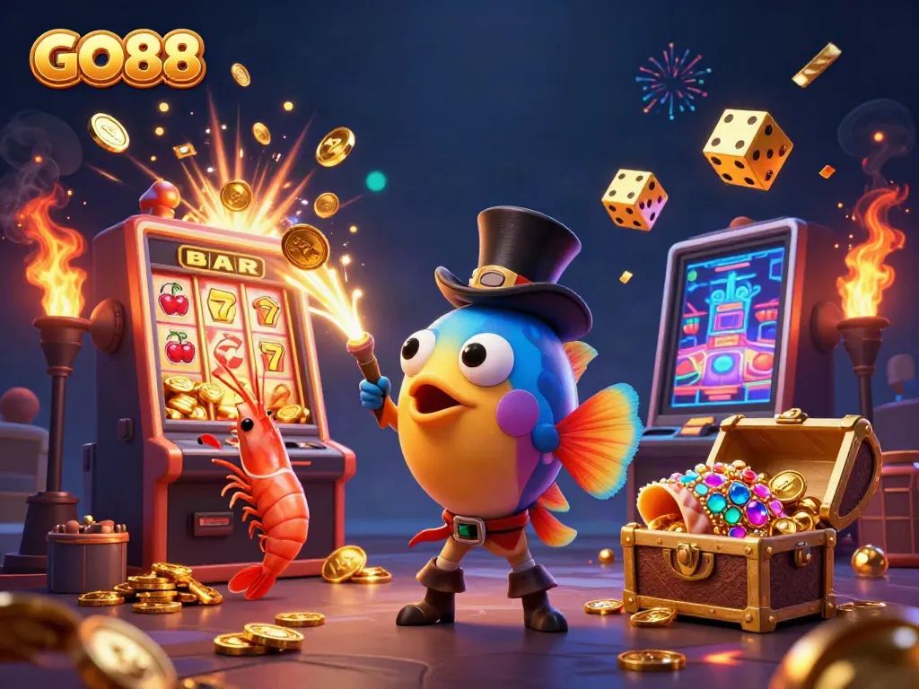Catch golden coins at GO88's 3D casino scene featuring vibrant cartoon characters and exciting game elements.