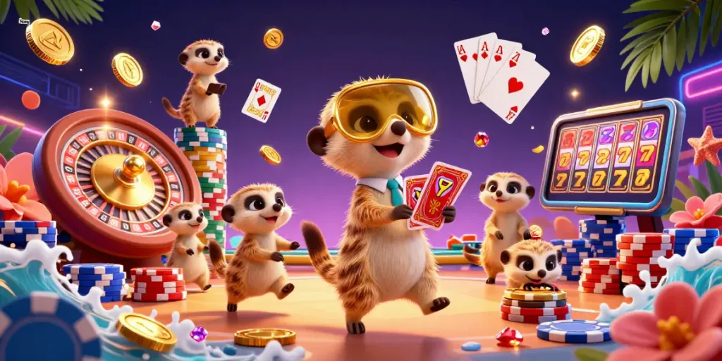 Thapcam meerkats managing an exciting casino with vibrant games, showcasing busy moments and rich details.