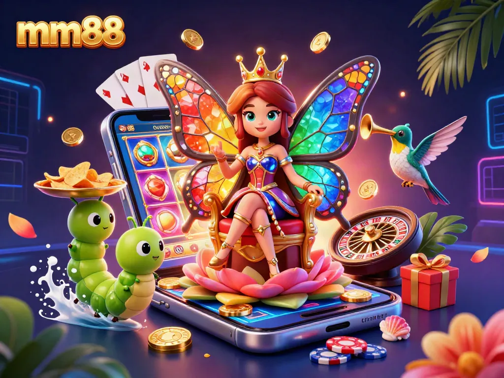 Engage in thrilling casino action with mm88 in a vibrant 3D illustration showcasing colorful slots and dynamic gaming elements.