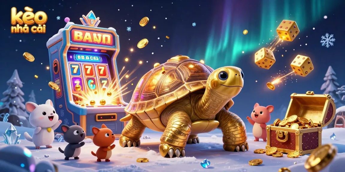 Experience kèo nhà cái excitement with a vibrant casino illustration featuring a golden tortoise and thrilling games.