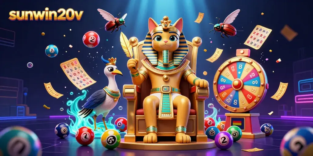 Engage in thrilling games at sunwin20v with colorful lottery elements and an ornate Egyptian cat ruler.