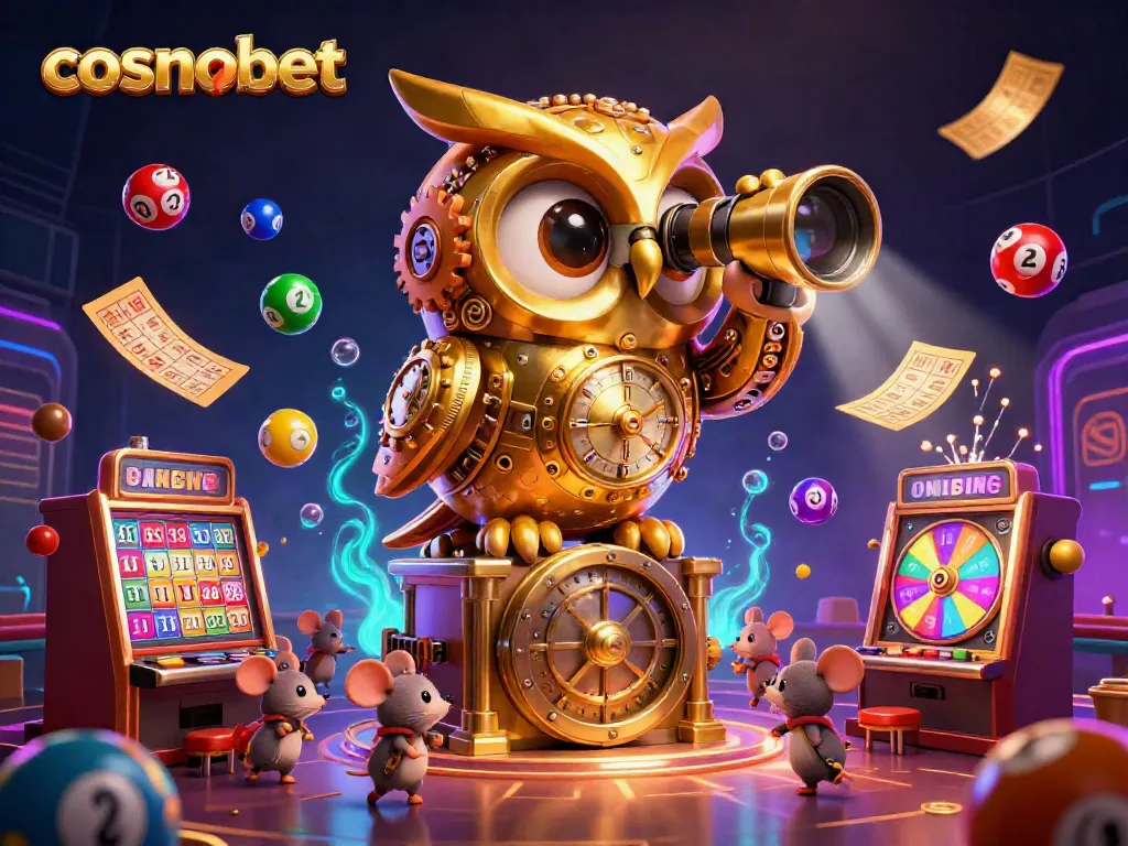 Experience thrilling gameplay at cosmobet with a lively casino scene, golden owl, and vibrant game elements.