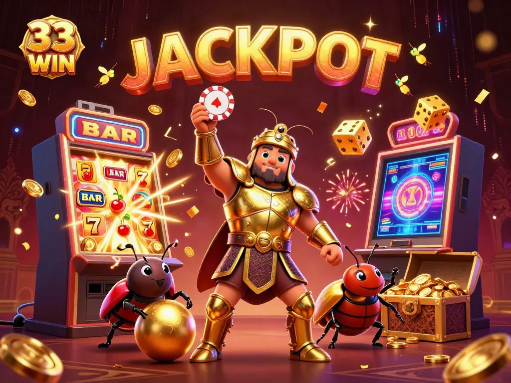 Engage in gaming thrills with 33 WIN's lively jackpot scene featuring animated characters and vibrant casino elements.