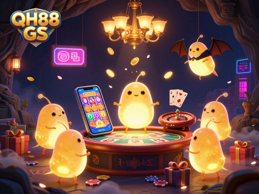 Engage in exciting gameplay at QH88 GS with vibrant casino elements amid glowworms and a bat dealer in a dynamic setting.