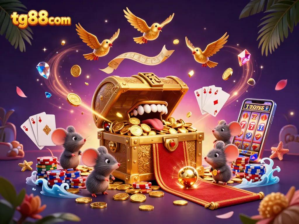 Engage in thrilling games at tg88com with captivating treasures in a vibrant, animated casino scene.