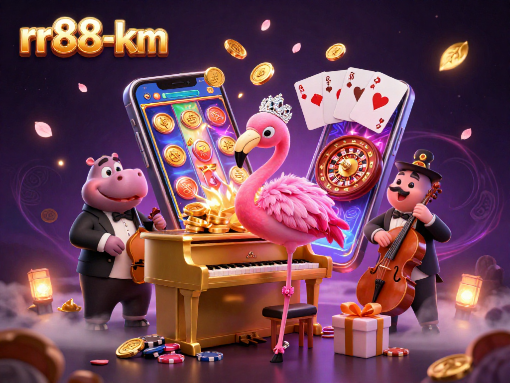 Win big with rr88-km in this vibrant casino-themed illustration featuring dynamic slot games and characters.