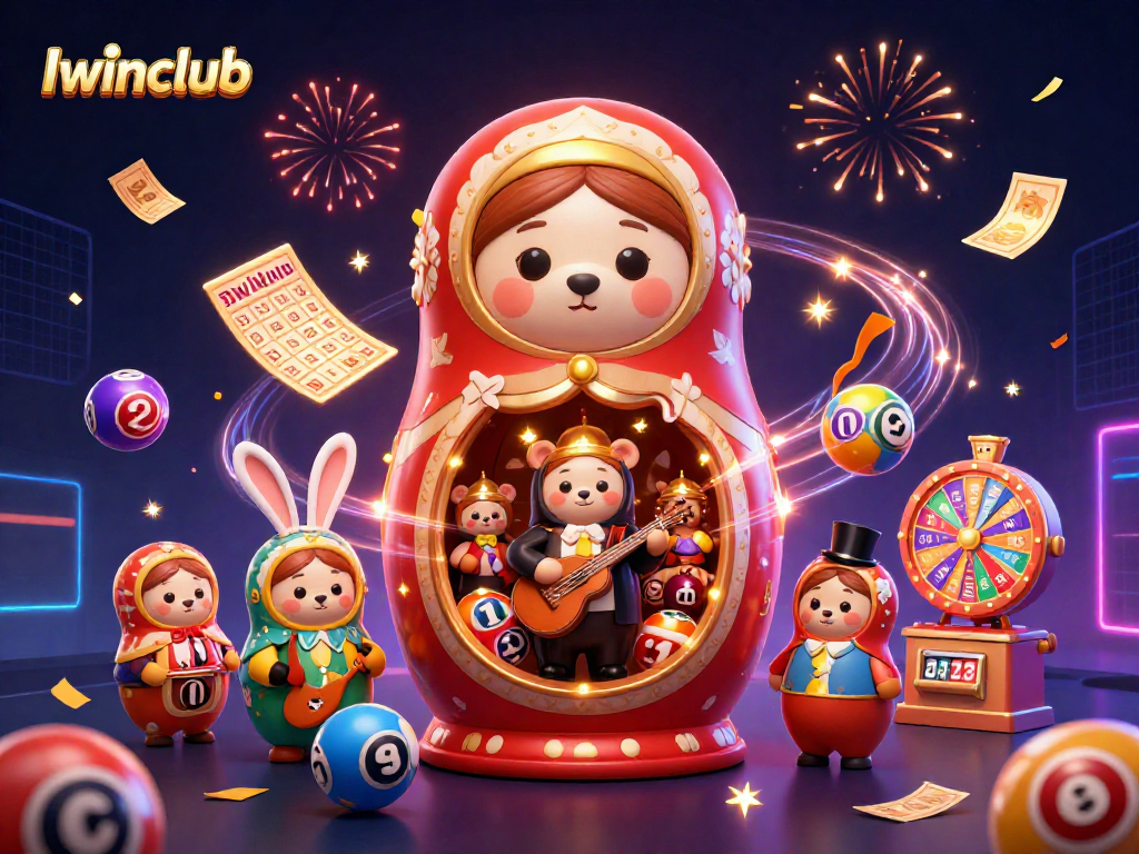 Iwinclub showcases a vibrant lottery scene with festive elements and playful characters.