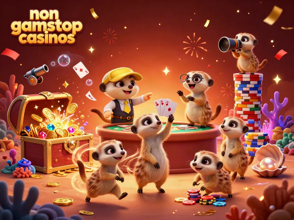 Engaging illustration featuring meerkats orchestrating a thrilling non gamstop casinos environment with colorful coins and cards.