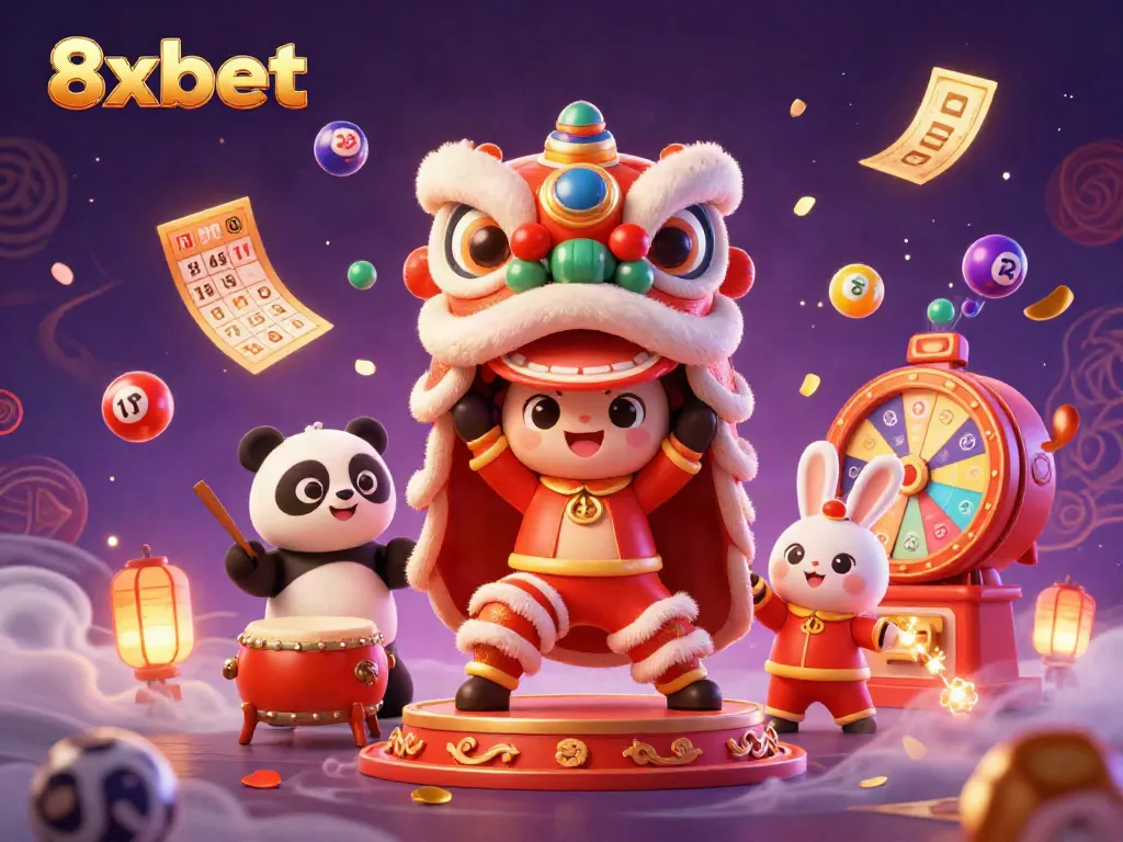 Experience vibrant gambling excitement with 8xbet's engaging lottery-themed illustration, featuring lively characters and game elements.