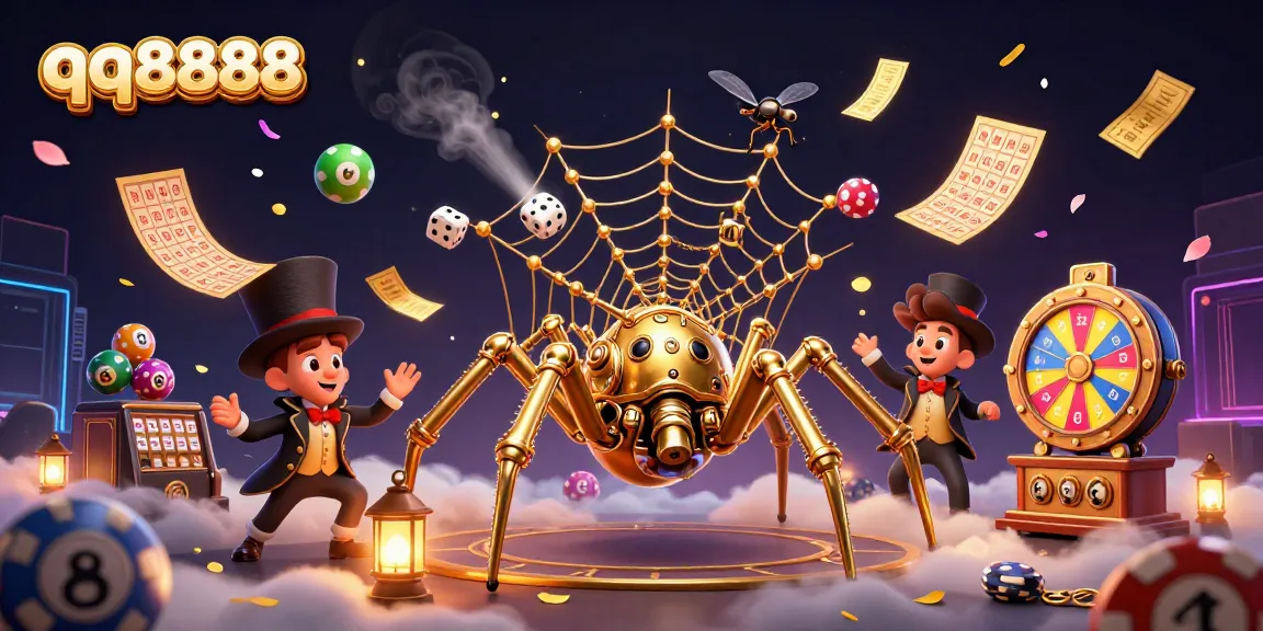 Experience the exciting world of qq8888 as a steampunk spider entangles lucky dice amidst vibrant casino elements.