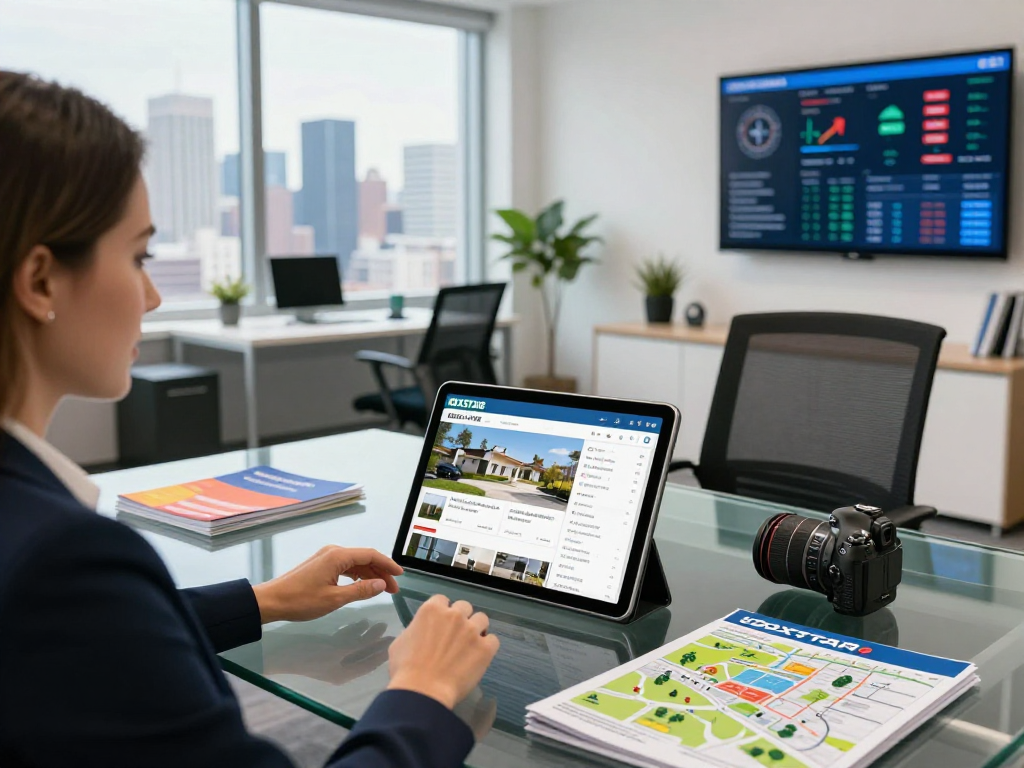 Realtor demonstrating IDXSTAR property listings on a sleek tablet in a modern office.