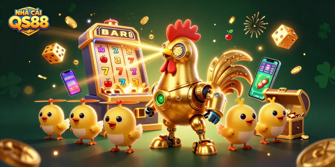 Experience thrilling wins at NHÀ CÁI QS88 with vibrant casino games, golden treasures, and playful characters.