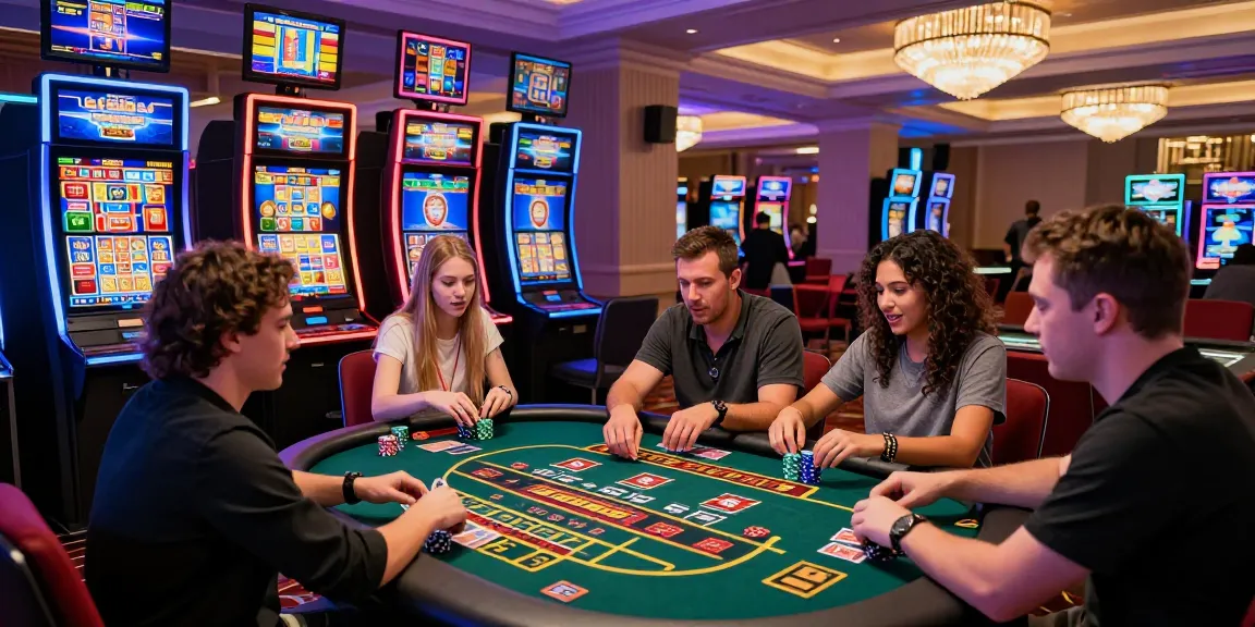 Exciting gaming atmosphere at credit card casinos with players at tables and colorful slot machines, showcasing entertainment and thrill.