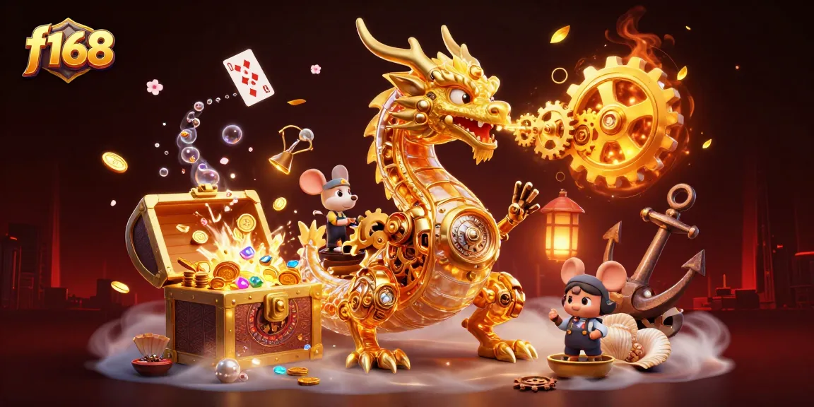 Experience thrilling gaming adventures with f168 as a golden dragon breathes coins and cards.