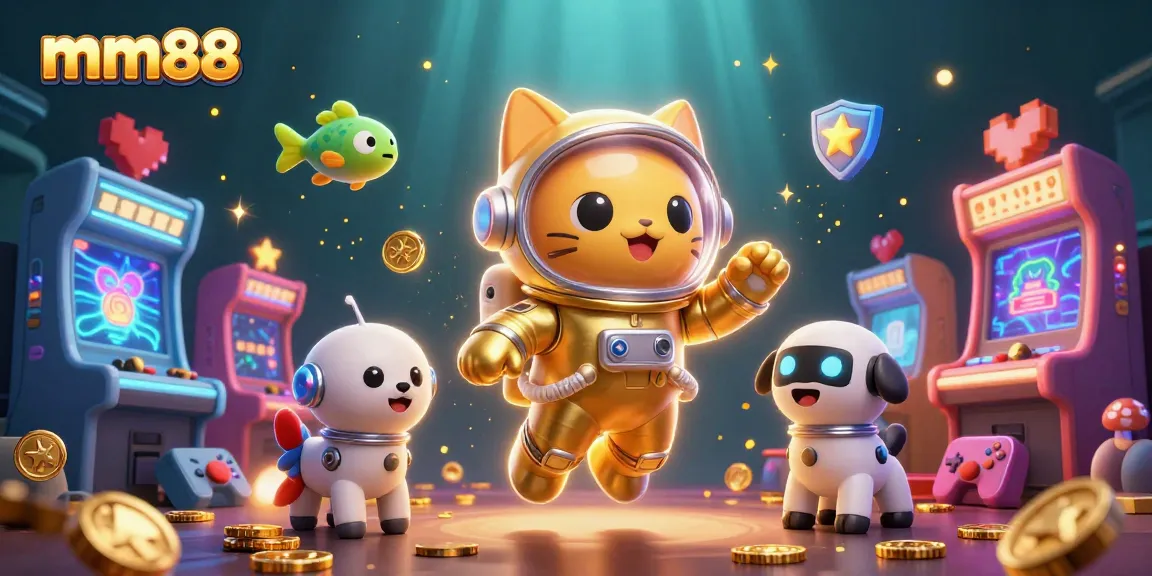 Experience the thrill of mm88 with vibrant casino elements, as a cartoon space cat and robot dog play in a celestial gaming realm.