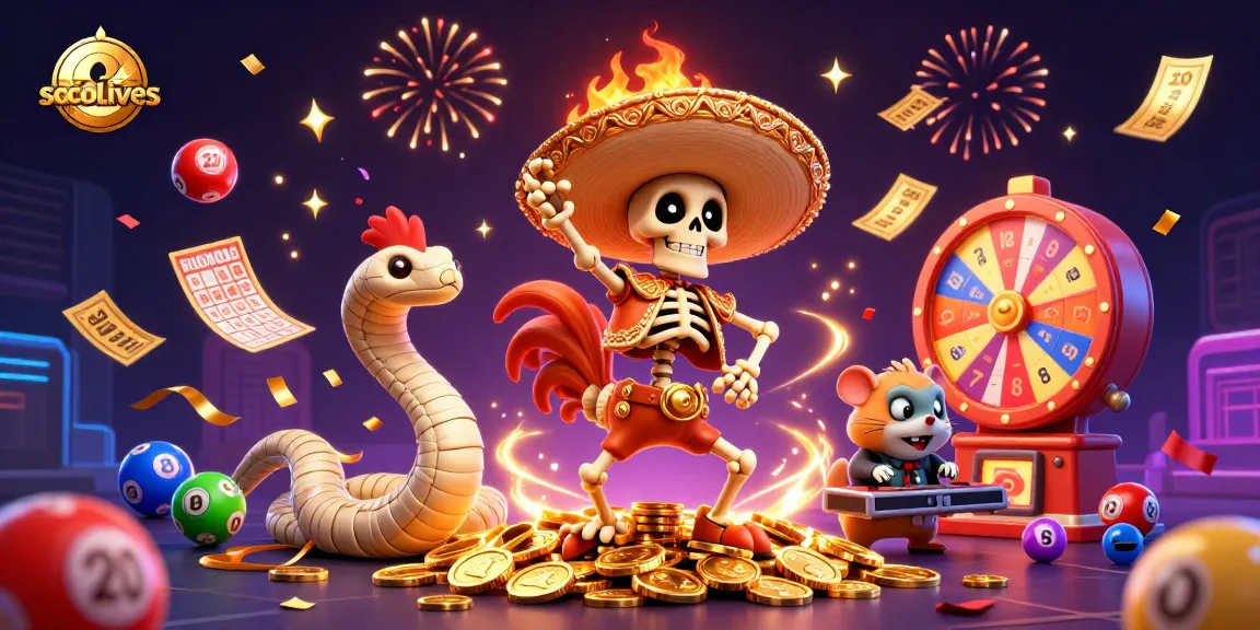 Socolives features a lively 3D scene with a mariachi rooster and a DJ hamster, celebrating the excitement of gambling.