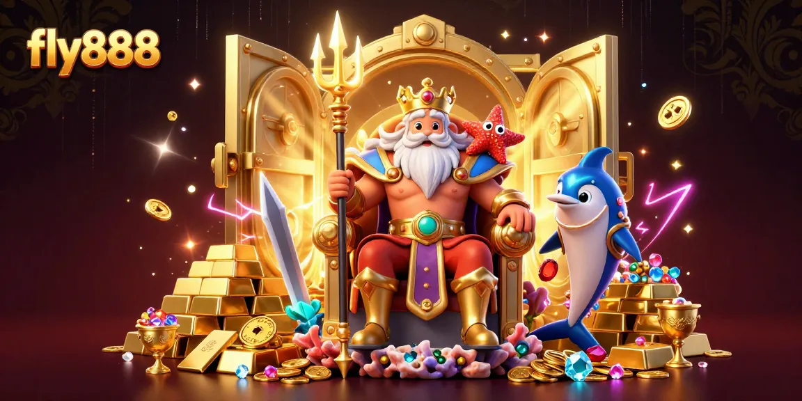 Play thrilling games at fly888, featuring a vibrant sea king with treasure and dynamic casino elements.