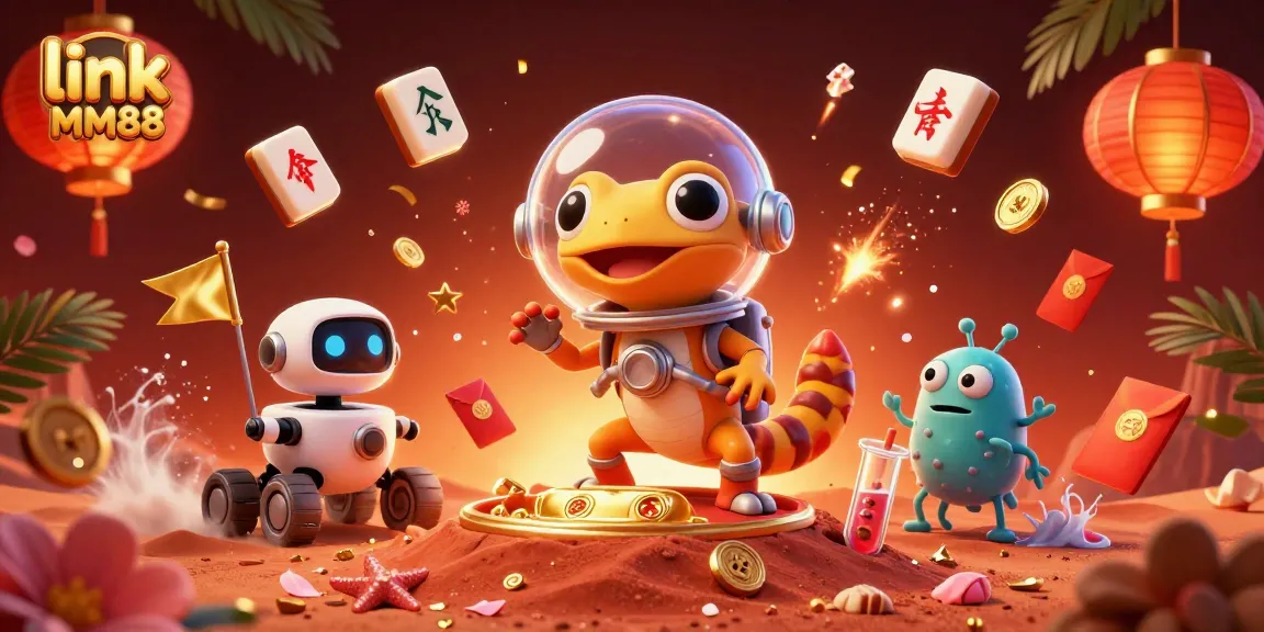 Play games with link MM88 at a vibrant digital casino featuring a retro Martian gecko and festive elements.