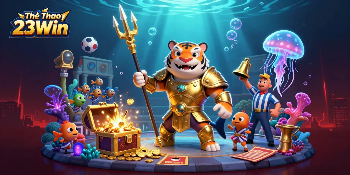 Thể Thao 23Win showcases thrilling sports betting action with a dynamic underwater scene featuring a gladiator shark.