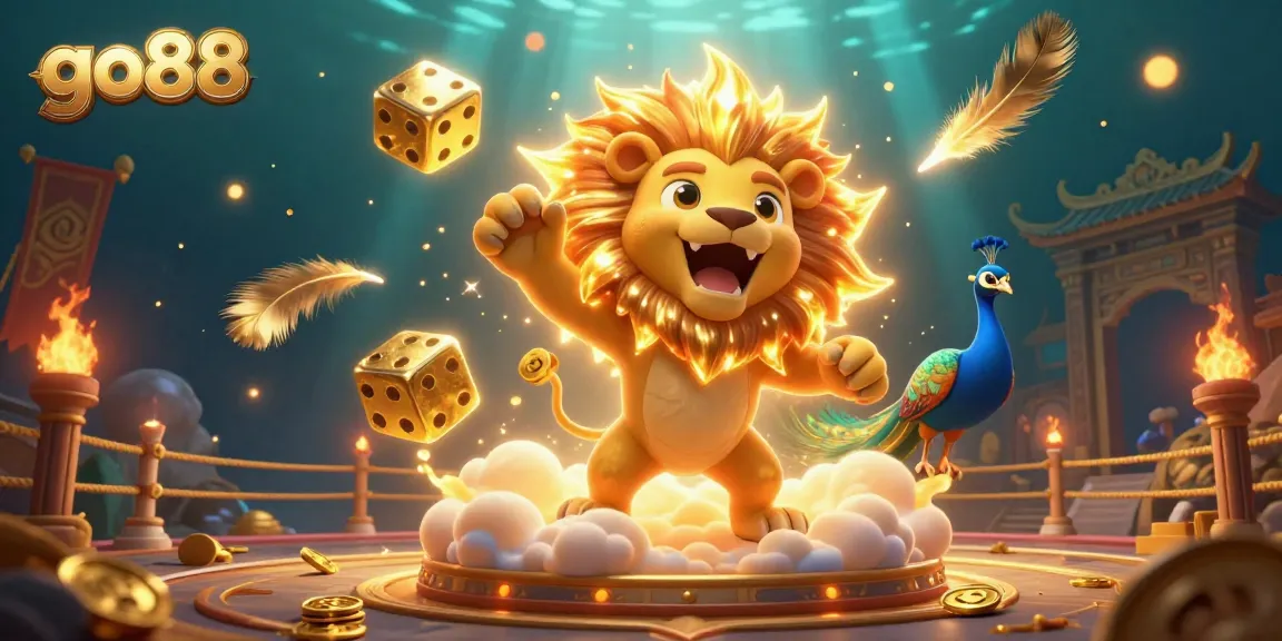 Experience thrilling gameplay at go88 with stunning visuals featuring a roaring sun lion and golden dice.
