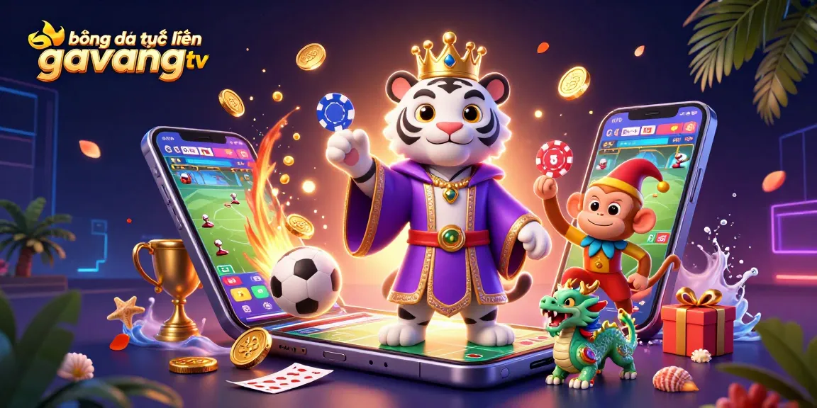 Bóng đá trực tuyến gavangtv showcases a vibrant scene of sports betting excitement with playful characters and dynamic game elements.