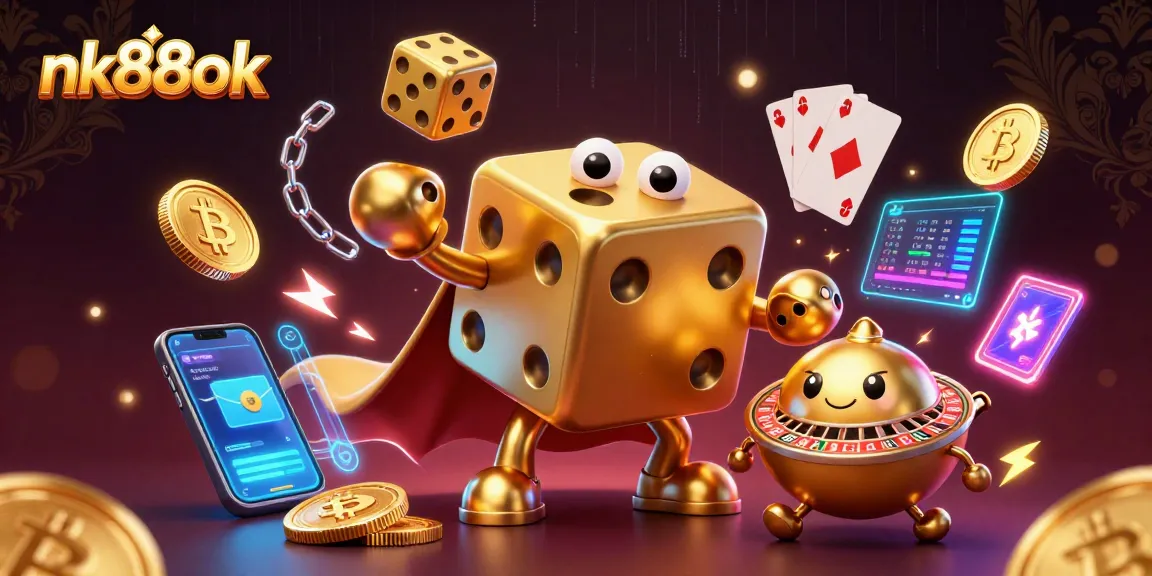 Interact with engaging nk88ok casino elements featuring a golden dice golem and vibrant crypto graphics.