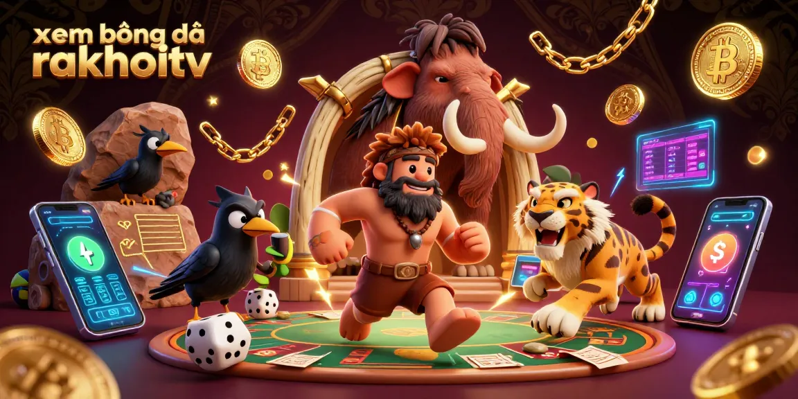 Experience xem bóng đá rakhoitv with a vibrant illustration of a prehistoric sports betting scene.