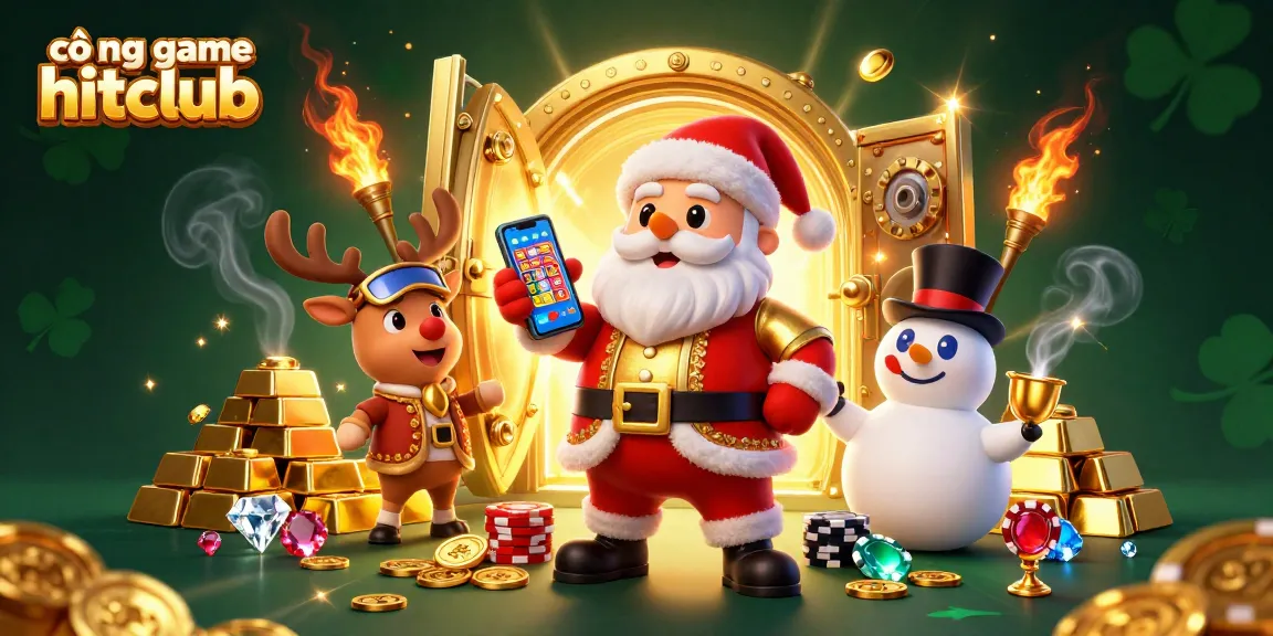 Spin to win at cổng game hitclub with an exciting 3D casino scene featuring Santa and friends.