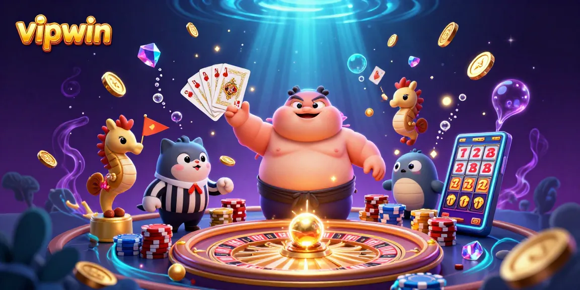 Experience exciting gameplay at vipwin with a lively underwater casino scene featuring dynamic characters and casino elements.