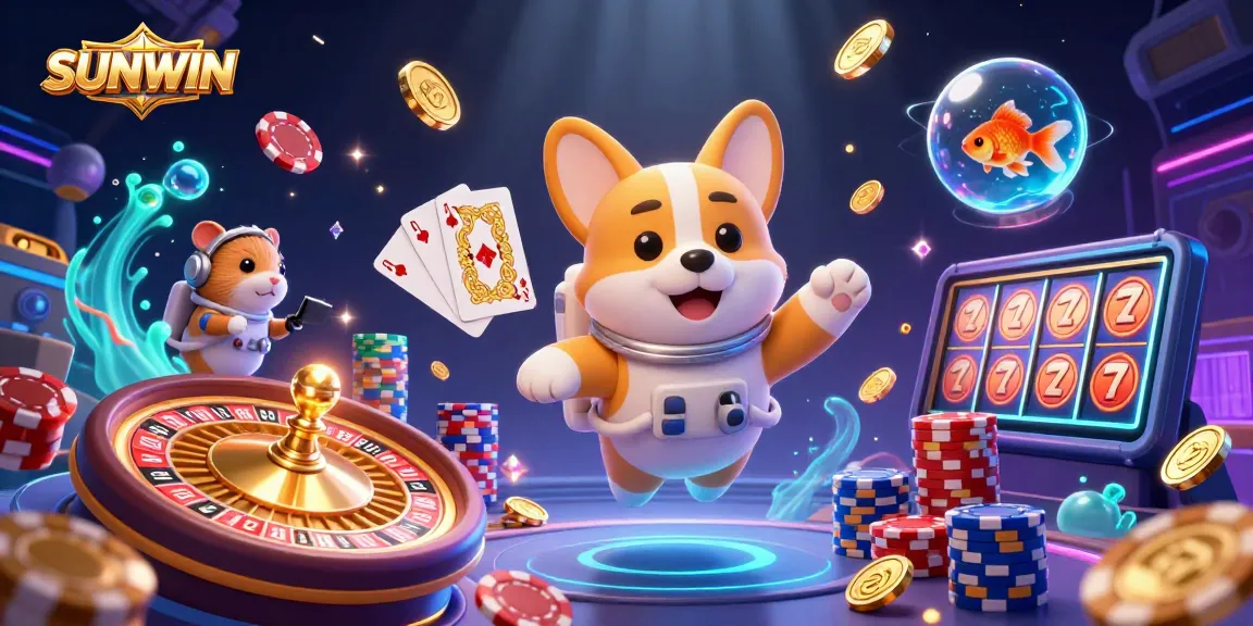 Spin to win at SUNWIN casino with a floating corgi and shimmering treasures!