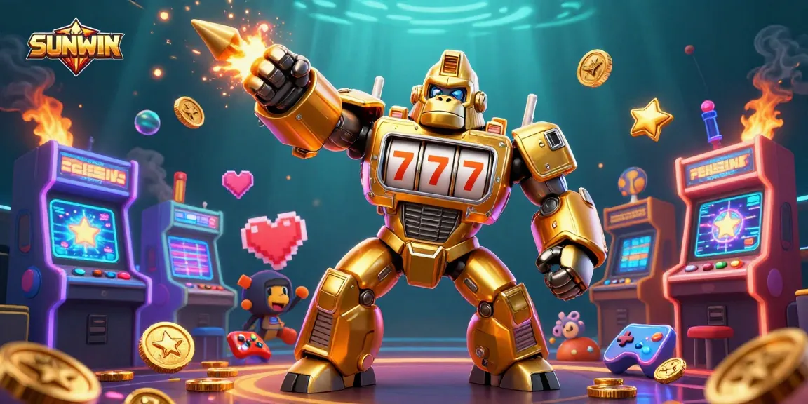 SUNWIN's engaging gaming scene featuring a golden gorilla mech and colorful arcade elements, symbolizing excitement and winnings.