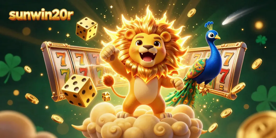 Experience excitement with sunwin20r, featuring a roaring sun lion and dynamic slot elements in a vibrant casino scene.