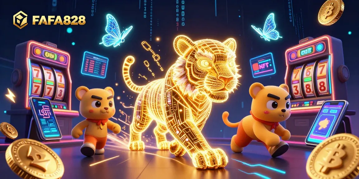 FAFA828 showcases a vibrant digital casino scene featuring a golden tiger and crypto elements.